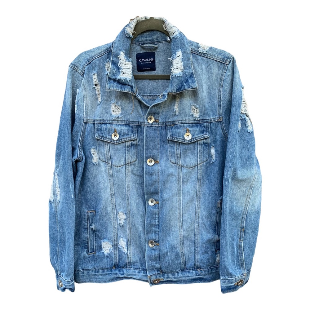 Cavalini Women’s Distressed Oversized Trucker Jean Jacket Size Medium